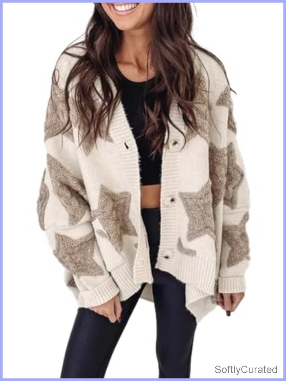 Star Sherpa Textured Knit Open Front Cardigan Loose Fit Tunic Length